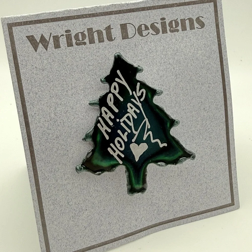 David Wright Designs Brooch Green Christmas Tree Happy Holidays Artisan Pin